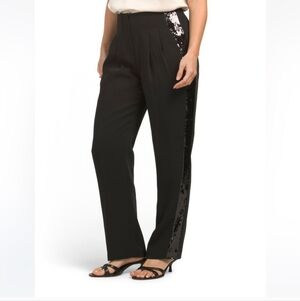 New Elie Tahari Sequin Embellished High Rise Black Trouser Tuxedo Pants Size 6